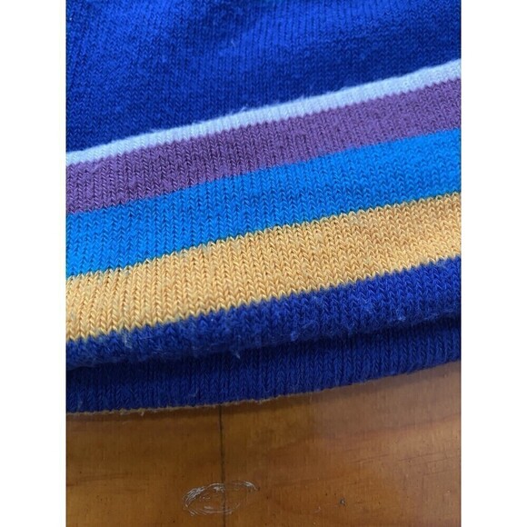 LL Bean Mountain Blue Winter Pom Pom Hat Purple Yellow Blue Striped - Picture 3 of 6